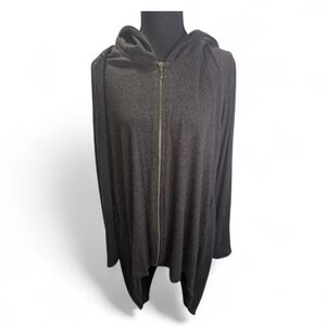 Elegant Black Hooded Boho Lagenlook Cardigan Tunic High Low Size M